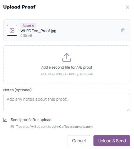 Client proof upload and sharing interface
