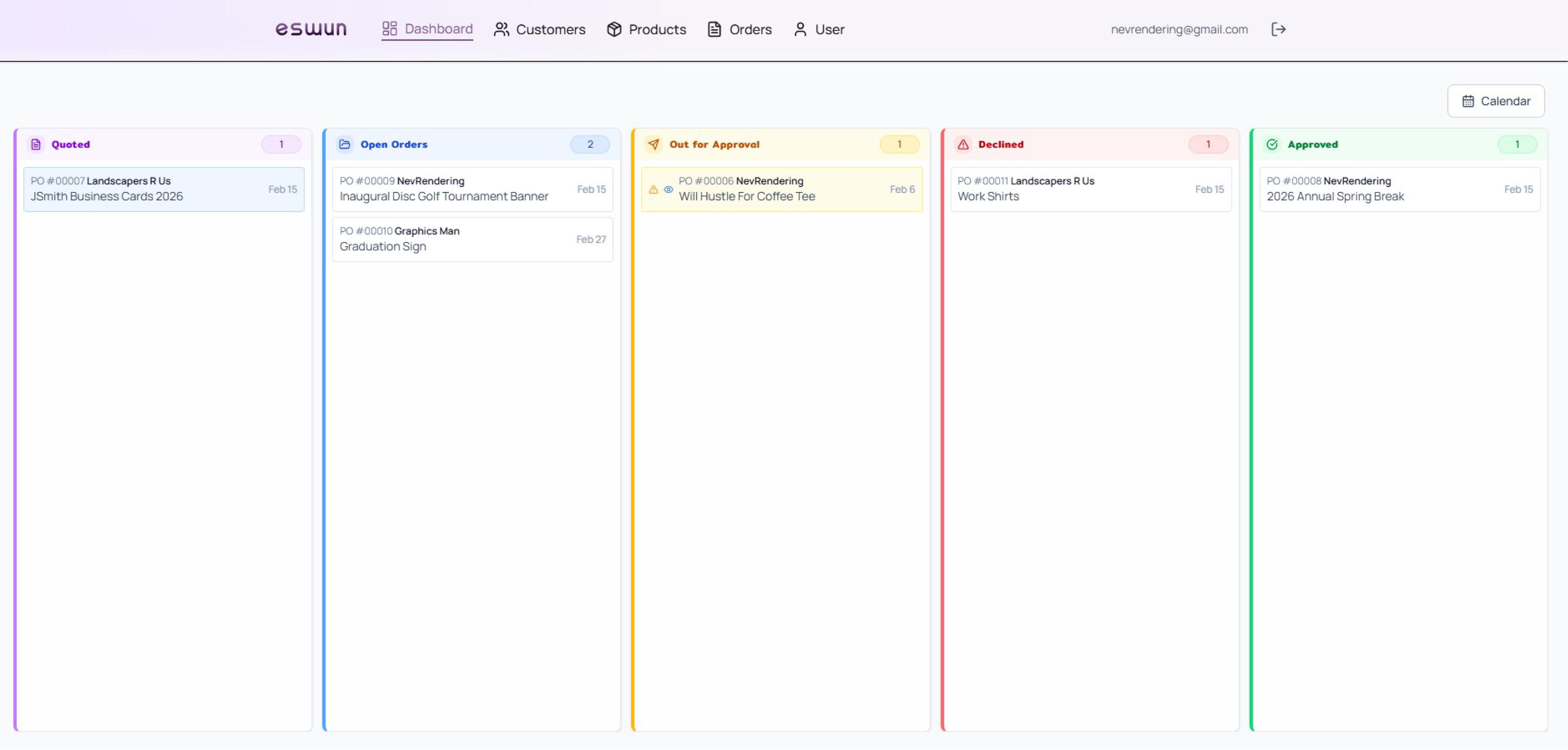 Dashboard overview with orders and proofs