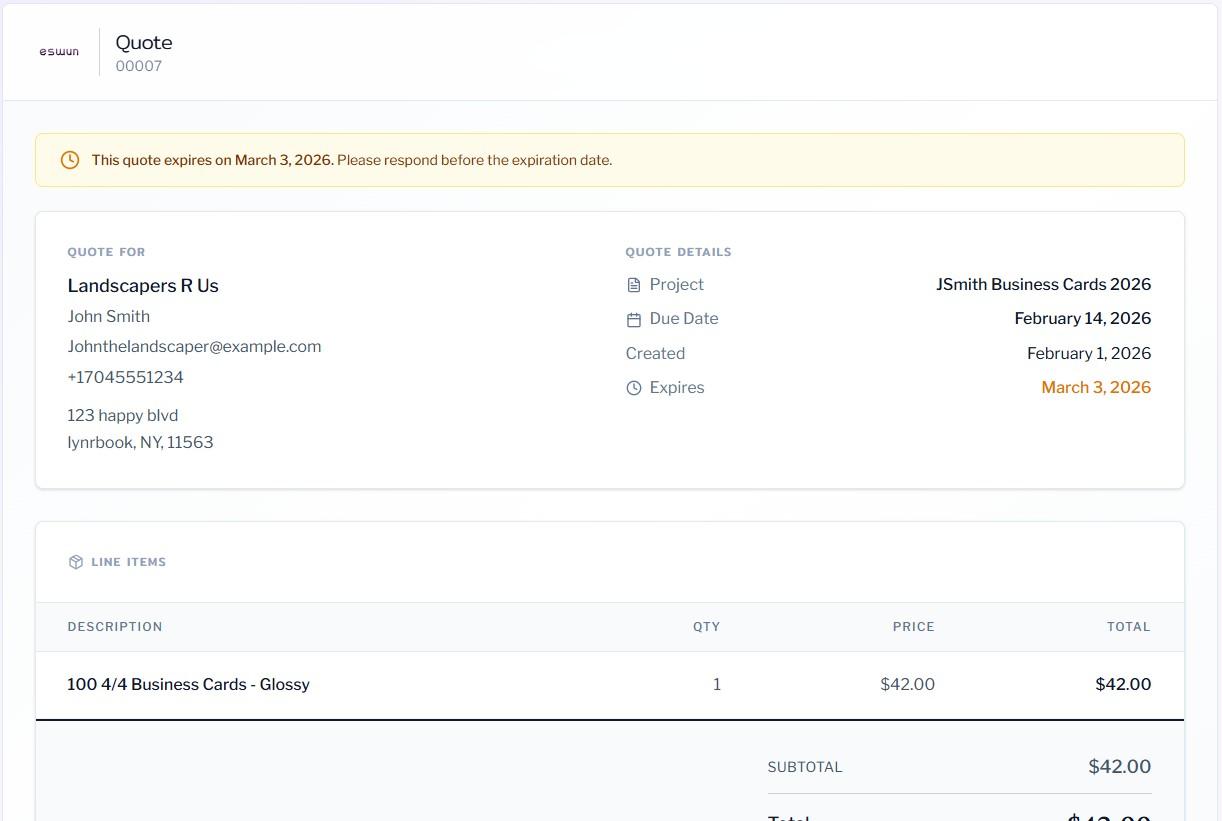 Quote and order creation interface