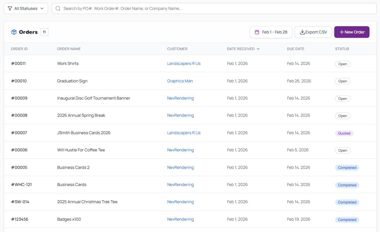 Orders management interface showing active orders with status tracking