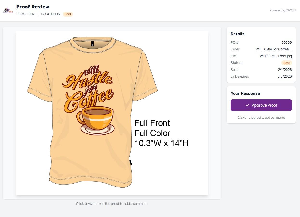 Proof review interface showing client approval workflow